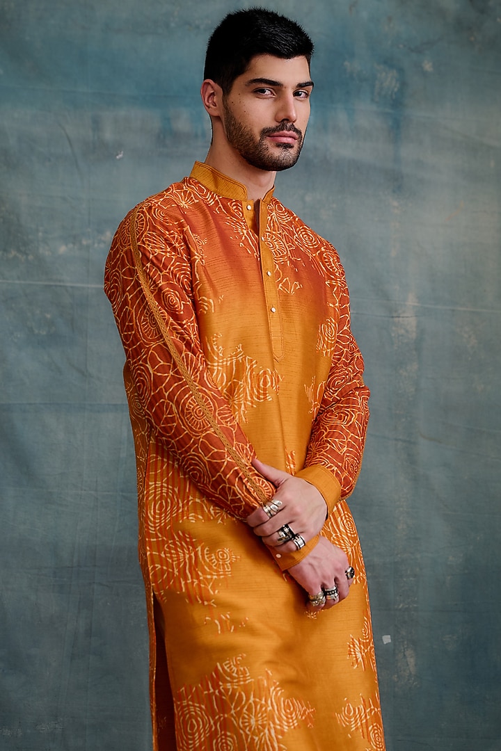 Orange-Shaded Tussar Block Printed Kurta Set by Krishna Mehta Men at Pernia's Pop Up Shop