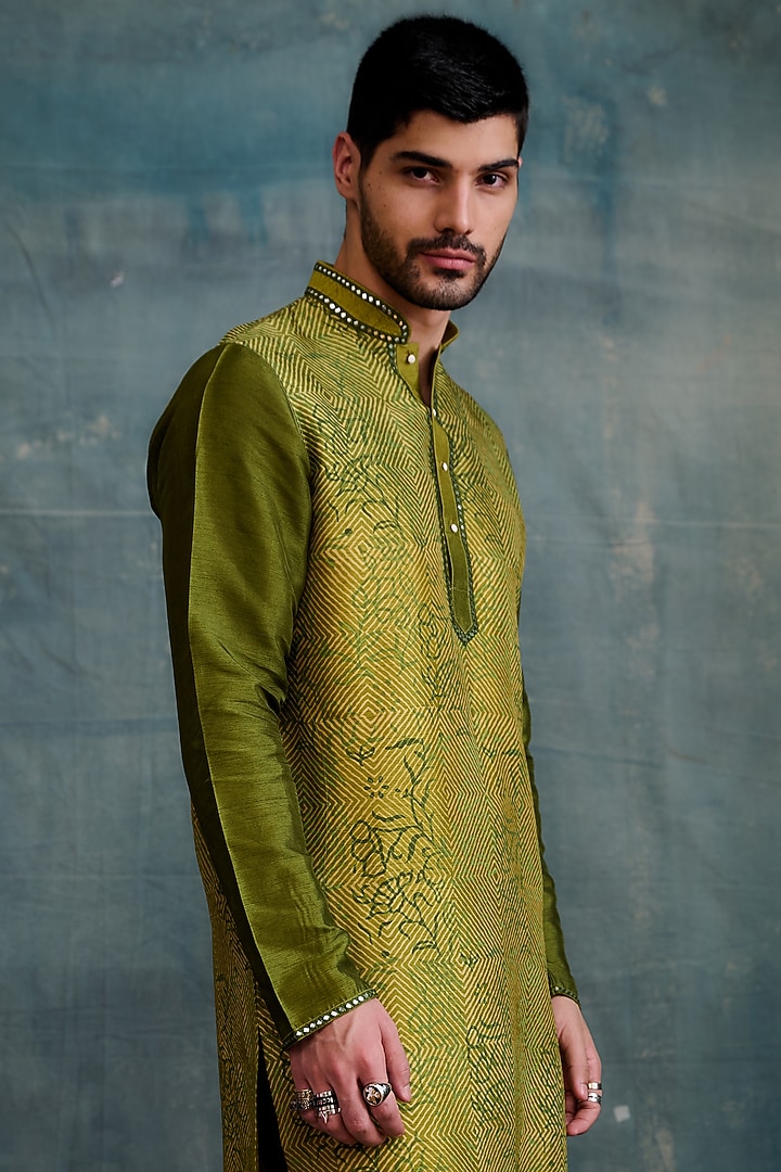 Olive Shaded Tussar Block Printed & Mirror Embroidered Kurta Set by Krishna Mehta Men at Pernia's Pop Up Shop