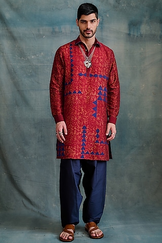 Maroon Tussar Block Printed & Zardosi Embroidered Kurta Set by Krishna Mehta Men