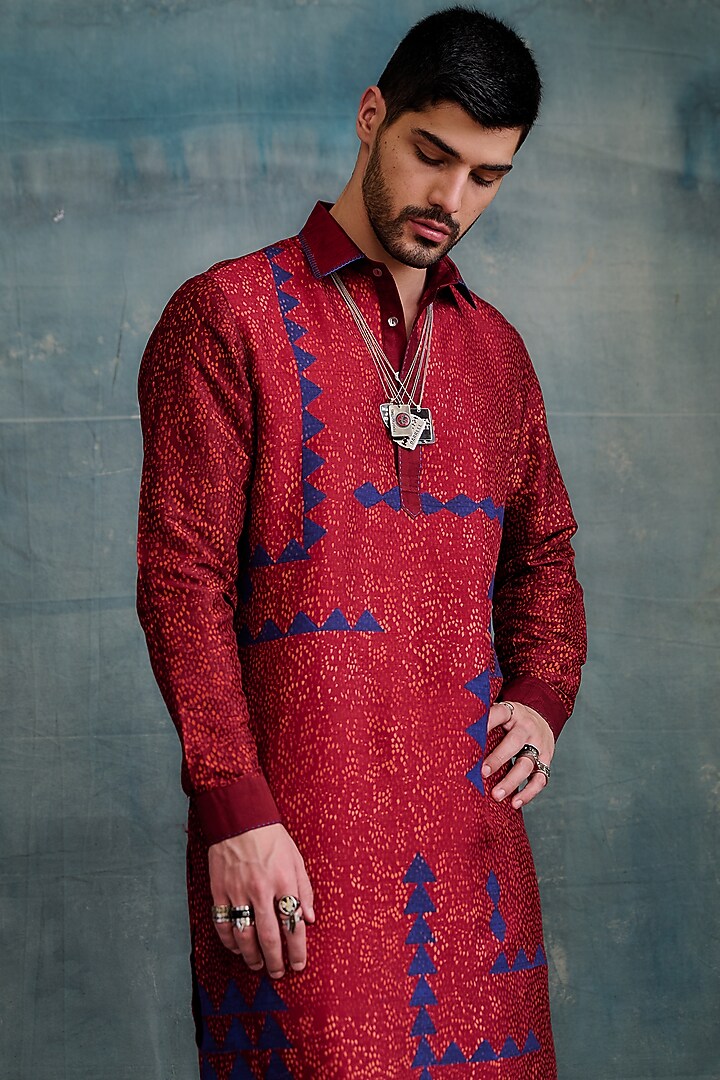 Maroon Tussar Block Printed & Zardosi Embroidered Kurta Set by Krishna Mehta Men at Pernia's Pop Up Shop