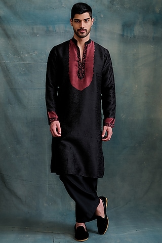 Black Tussar Resham Hand Embroidered Kurta Set by Krishna Mehta Men