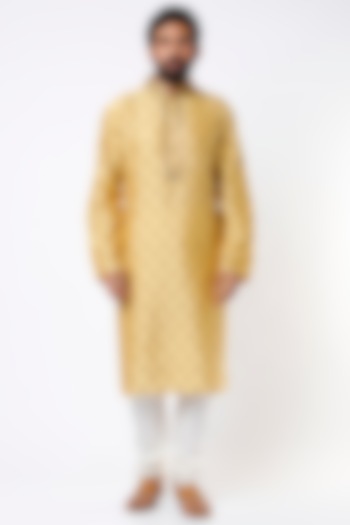 Yellow Cotton Printed & Embroidered Kurta Set by Krishna Mehta Men at Pernia's Pop Up Shop