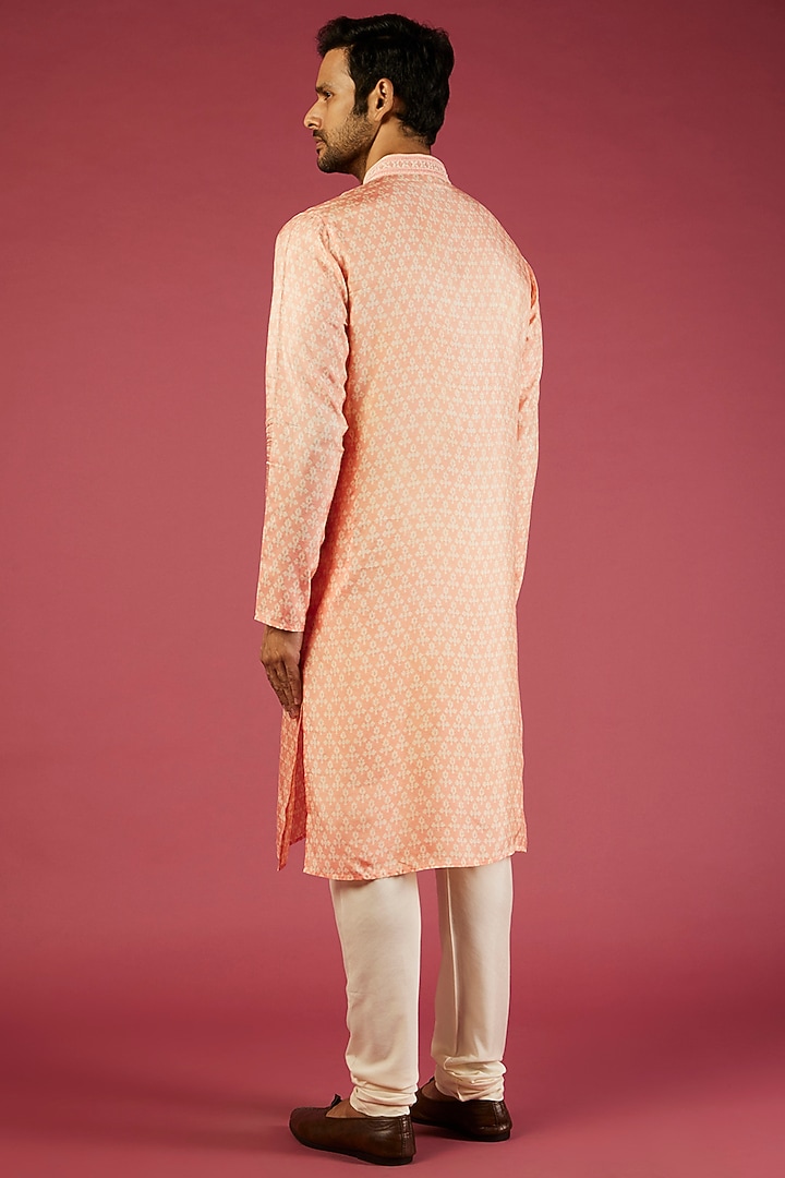 Peach Tussar Floral Block Printed & Embroidered Kurta Set by Krishna Mehta Men at Pernia's Pop Up Shop