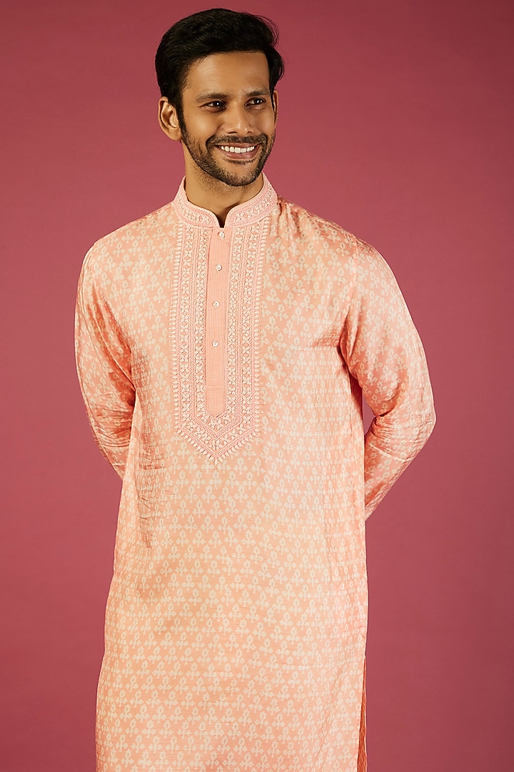 Peach Tussar Floral Block Printed & Embroidered Kurta Set by Krishna Mehta Men at Pernia's Pop Up Shop