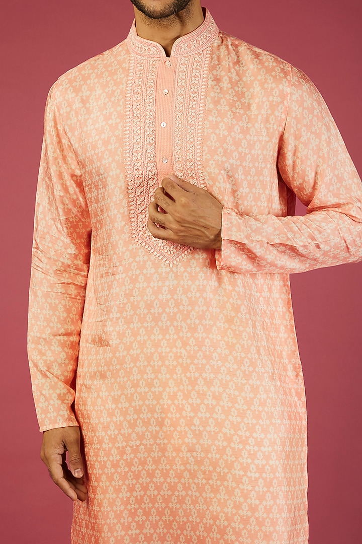 Peach Tussar Floral Block Printed & Embroidered Kurta Set by Krishna Mehta Men at Pernia's Pop Up Shop