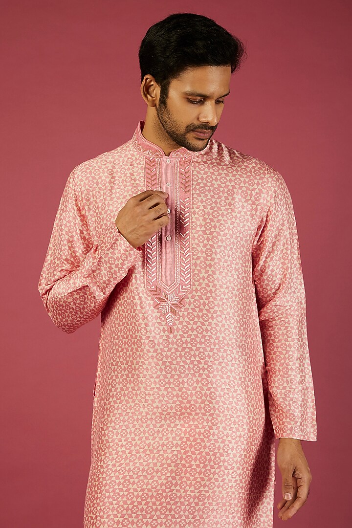 Pink Tussar Embroidered Kurta Set by Krishna Mehta Men at Pernia's Pop Up Shop