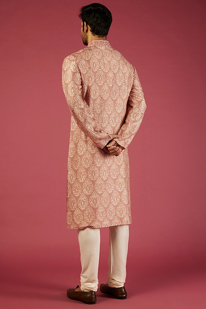 Onion Pink Tussar Block Printed Kurta Set by Krishna Mehta Men at Pernia's Pop Up Shop
