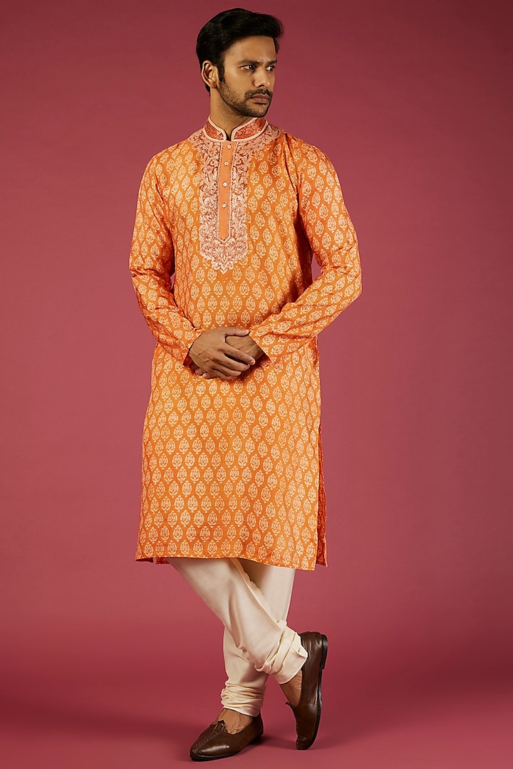 Orange Block Printed Kurta Set by Krishna Mehta Men