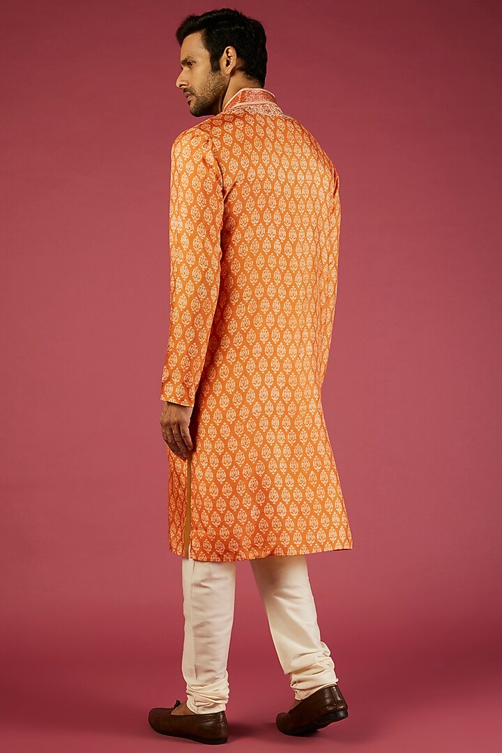 Orange Tussar Block Printed Kurta Set by Krishna Mehta Men at Pernia's Pop Up Shop