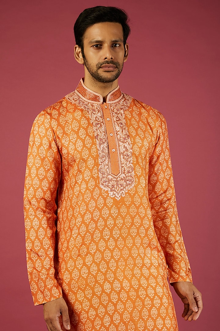 Orange Tussar Block Printed Kurta Set by Krishna Mehta Men at Pernia's Pop Up Shop