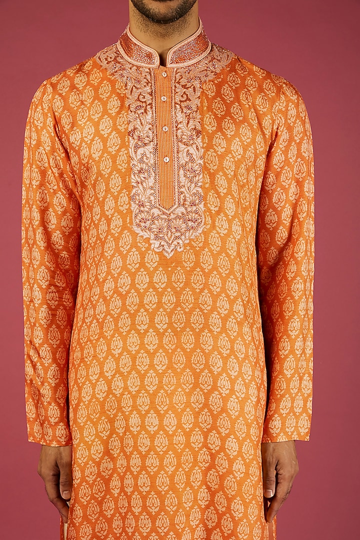 Orange Tussar Block Printed Kurta Set by Krishna Mehta Men at Pernia's Pop Up Shop