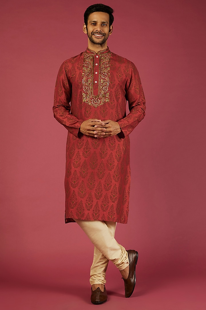 Rust Printed Kurta Set by Krishna Mehta Men