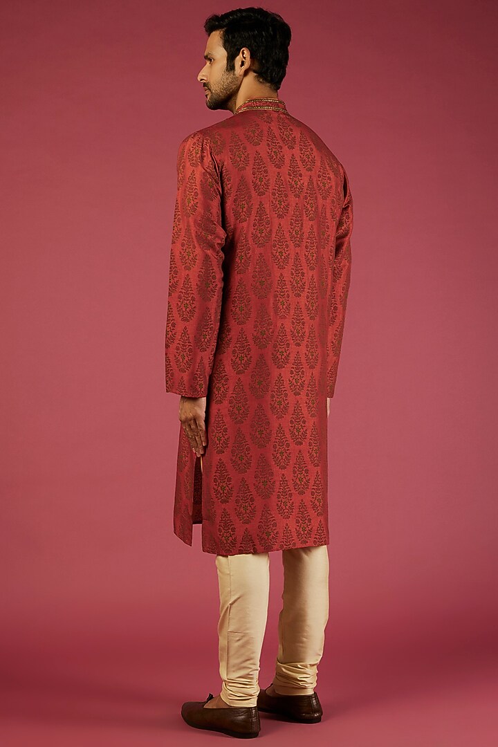 Rust Tussar Floral Block Printed Kurta Set by Krishna Mehta Men at Pernia's Pop Up Shop