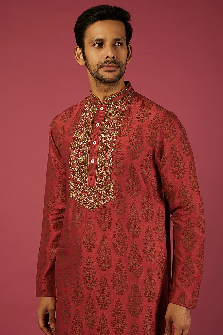 Rust Tussar Floral Block Printed Kurta Set by Krishna Mehta Men at Pernia's Pop Up Shop