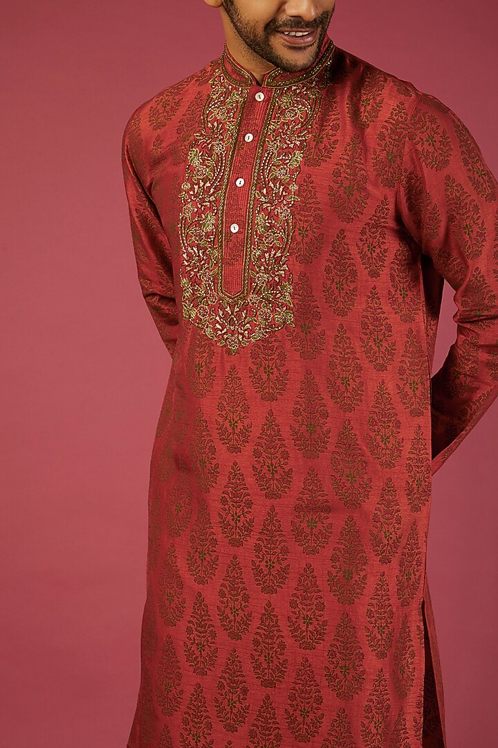 Rust Tussar Floral Block Printed Kurta Set by Krishna Mehta Men at Pernia's Pop Up Shop