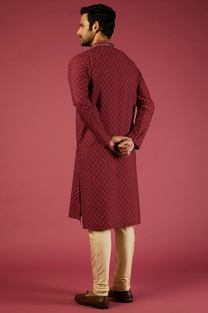 Red Tussar Block Printed Kurta Set by Krishna Mehta Men at Pernia's Pop Up Shop