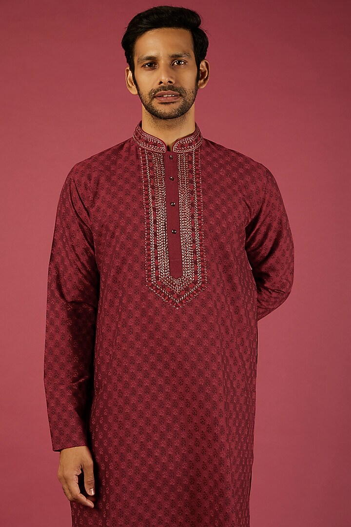 Red Tussar Block Printed Kurta Set by Krishna Mehta Men at Pernia's Pop Up Shop