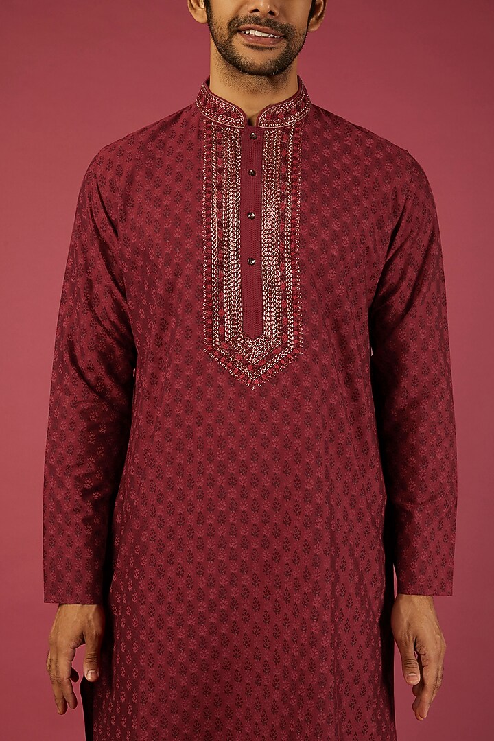 Red Tussar Block Printed Kurta Set by Krishna Mehta Men at Pernia's Pop Up Shop