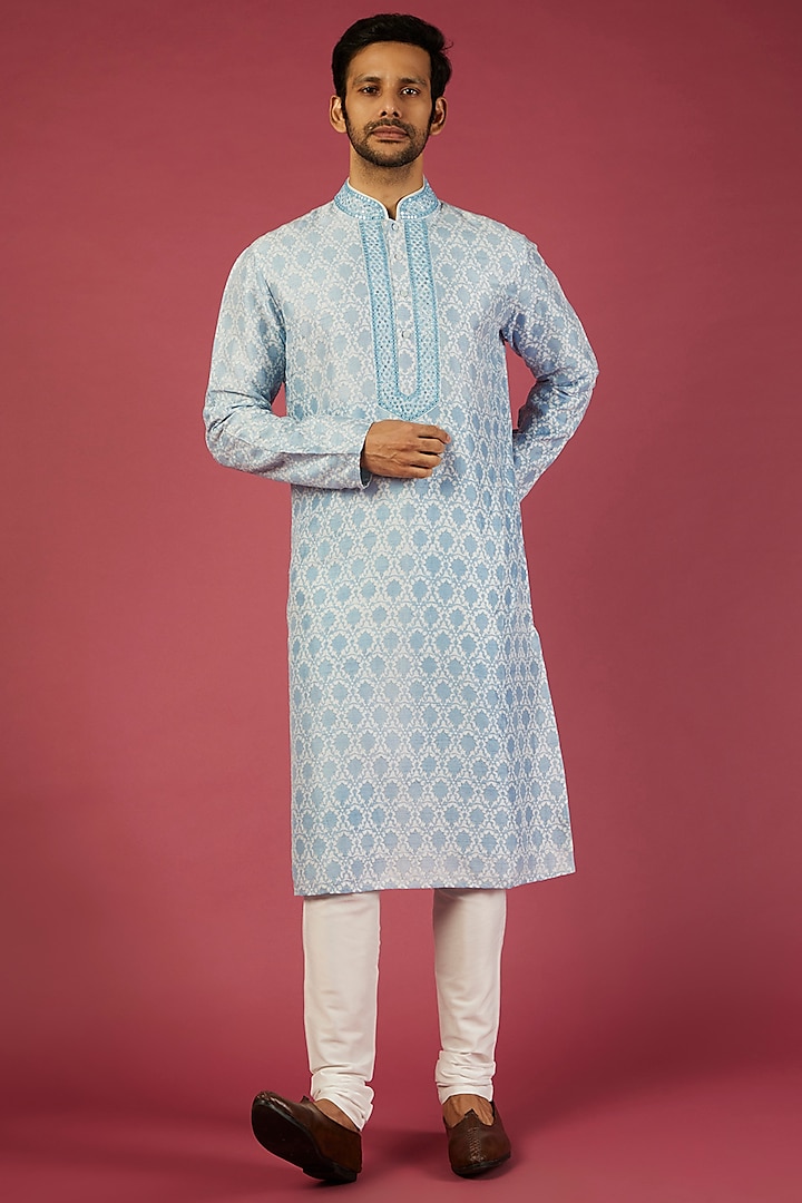 Sky Blue Embroidered Kurta Set by Krishna Mehta Men at Pernia's Pop Up Shop