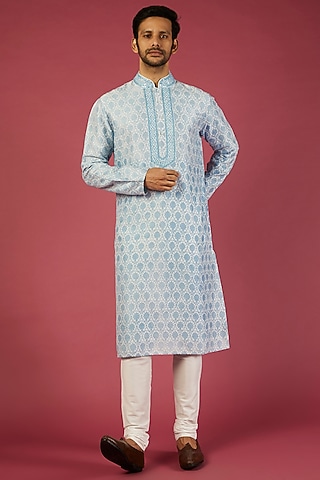 Sky Blue Tussar Embroidered Kurta Set by Krishna Mehta Men
