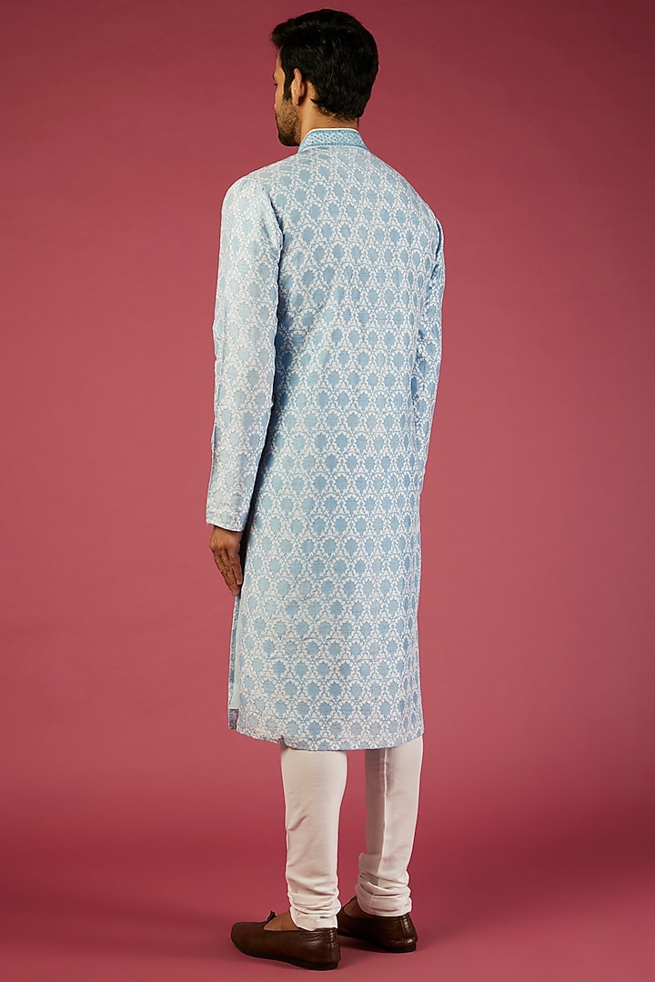 Sky Blue Tussar Embroidered Kurta Set by Krishna Mehta Men at Pernia's Pop Up Shop