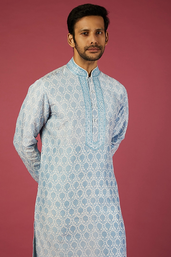 Sky Blue Tussar Embroidered Kurta Set by Krishna Mehta Men at Pernia's Pop Up Shop