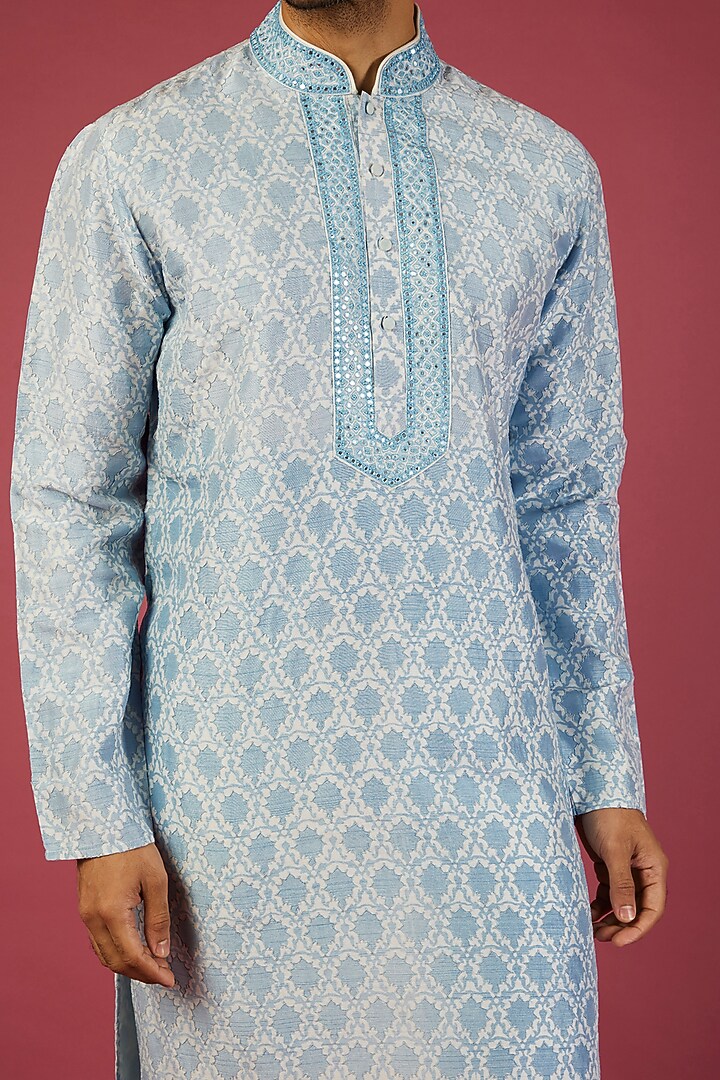 Sky Blue Tussar Embroidered Kurta Set by Krishna Mehta Men at Pernia's Pop Up Shop