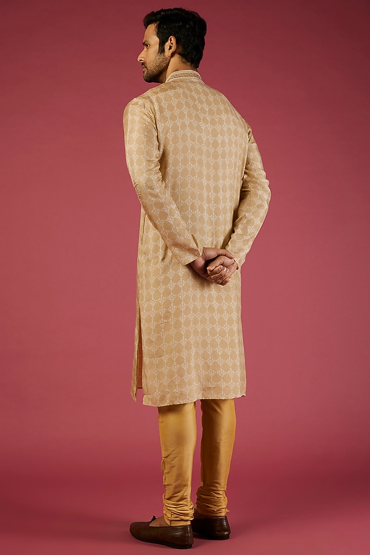 Beige Tussar Floral Printed & Embroidered Kurta Set by Krishna Mehta Men at Pernia's Pop Up Shop