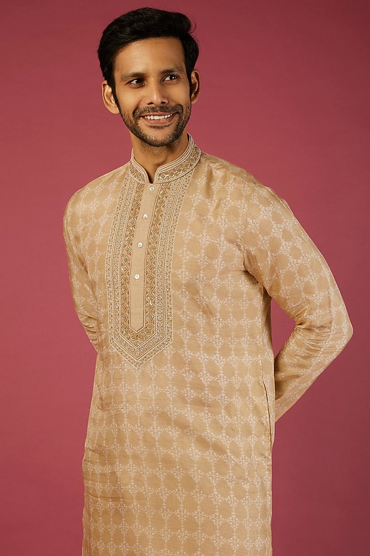 Beige Tussar Floral Printed & Embroidered Kurta Set by Krishna Mehta Men at Pernia's Pop Up Shop