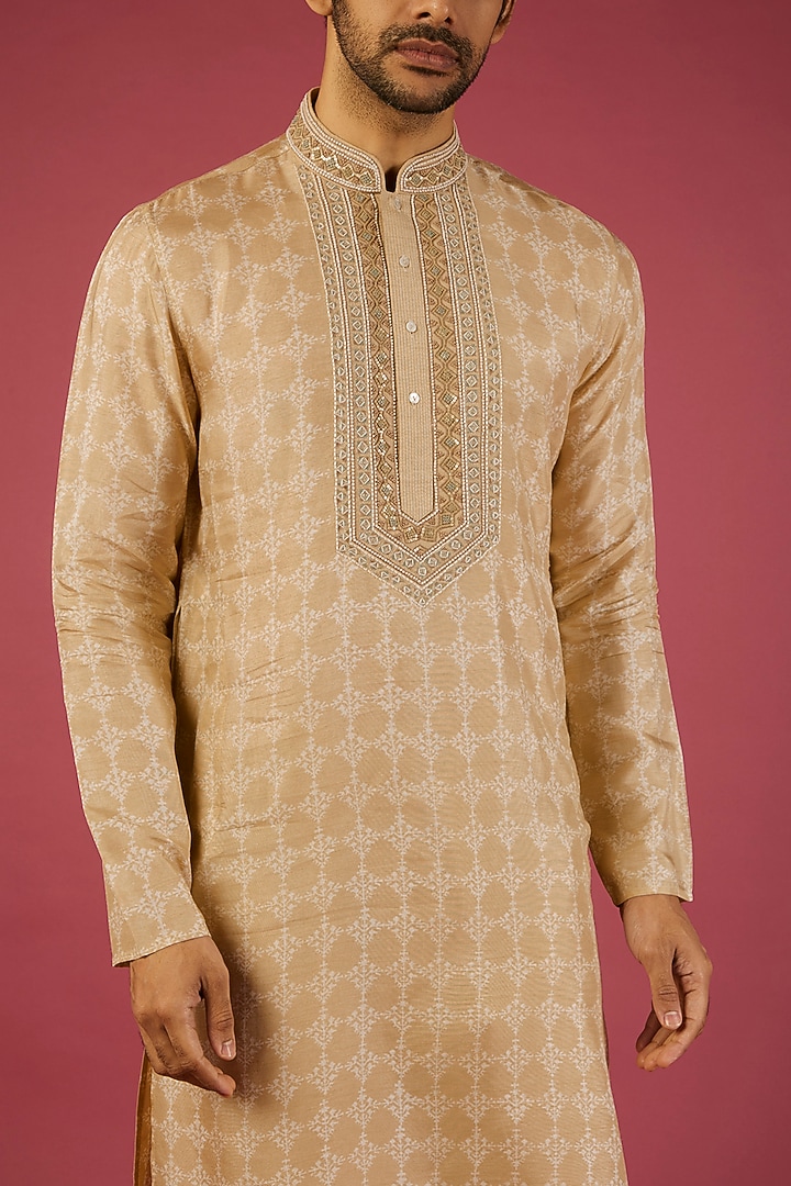 Beige Tussar Floral Printed & Embroidered Kurta Set by Krishna Mehta Men at Pernia's Pop Up Shop