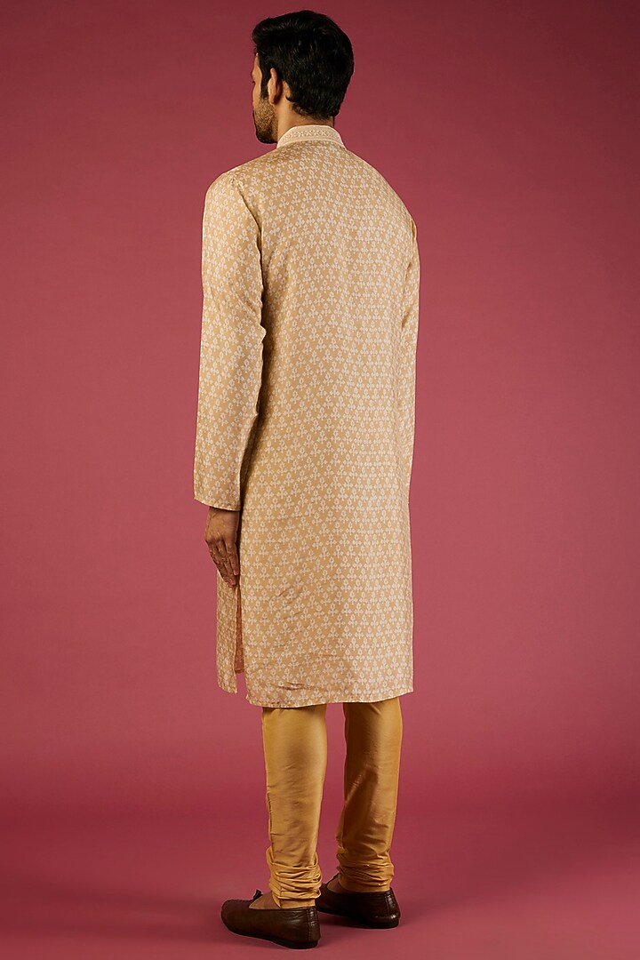 Beige Tussar Floral Printed & Embroidered Kurta Set by Krishna Mehta Men at Pernia's Pop Up Shop