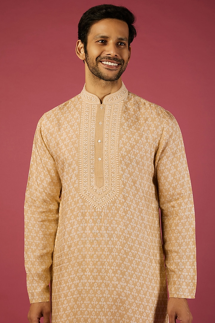 Beige Tussar Floral Printed & Embroidered Kurta Set by Krishna Mehta Men at Pernia's Pop Up Shop