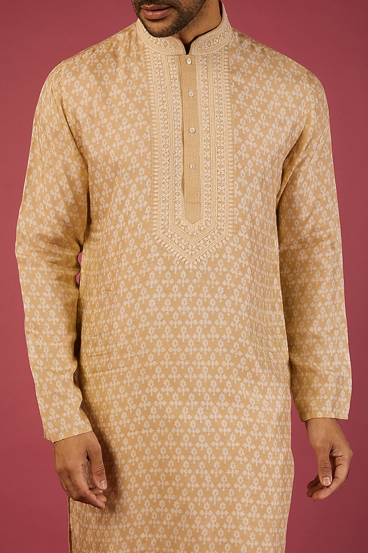 Beige Tussar Floral Printed & Embroidered Kurta Set by Krishna Mehta Men at Pernia's Pop Up Shop