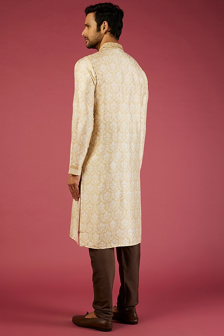 Beige Tussar Floral Block Printed & Zardosi Embroidered Kurta Set by Krishna Mehta Men at Pernia's Pop Up Shop