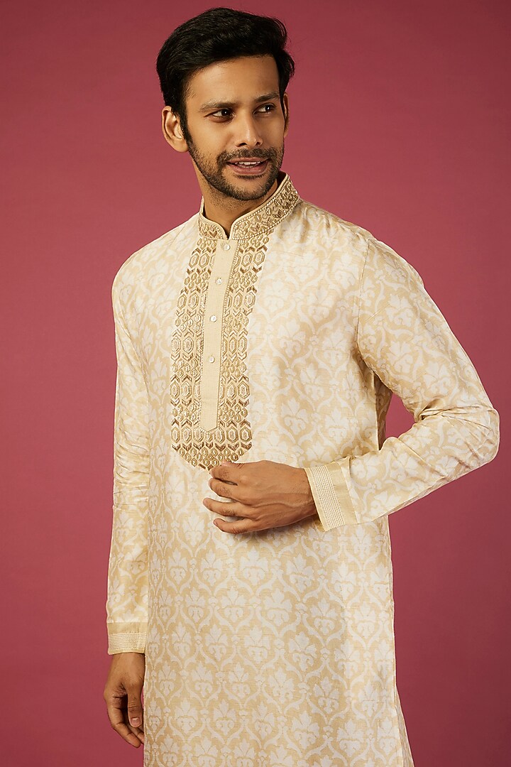 Beige Tussar Floral Block Printed & Zardosi Embroidered Kurta Set by Krishna Mehta Men at Pernia's Pop Up Shop