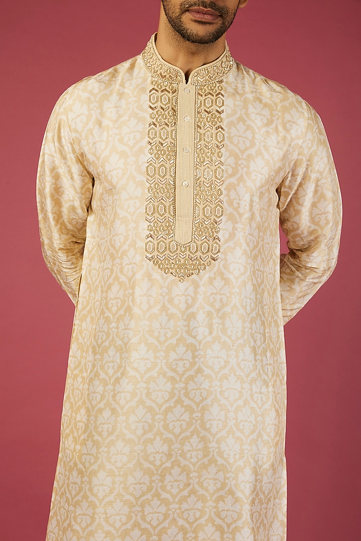 Beige Tussar Floral Block Printed & Zardosi Embroidered Kurta Set by Krishna Mehta Men at Pernia's Pop Up Shop
