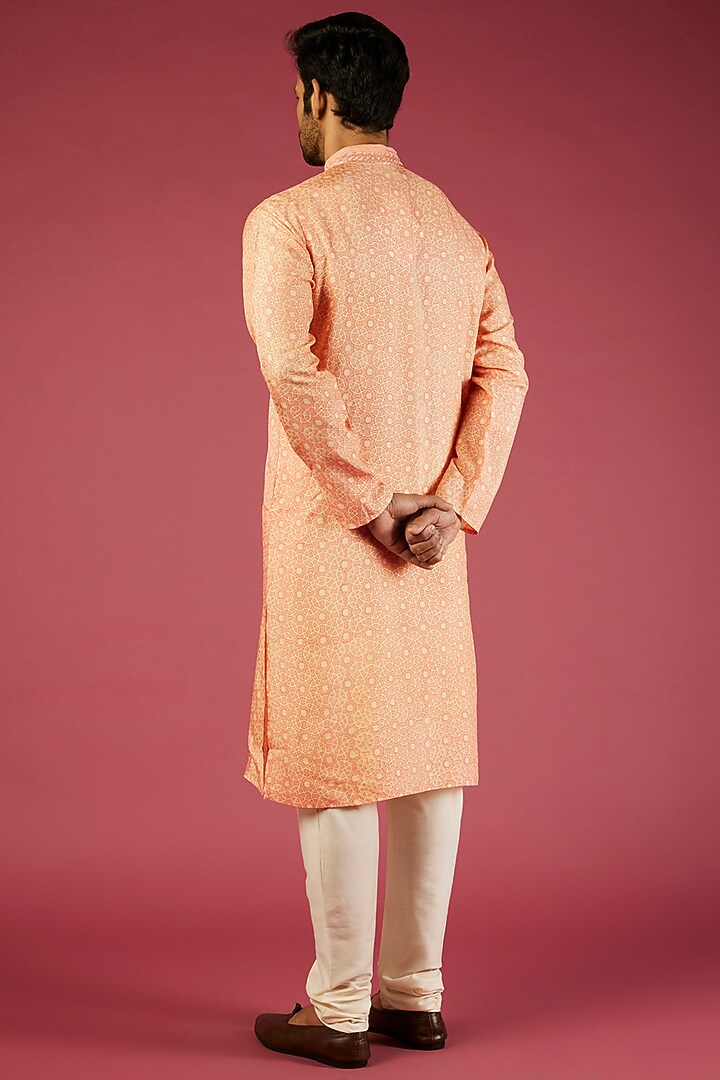 Peach Tussar Block Printed & Embroidered Kurta Set by Krishna Mehta Men at Pernia's Pop Up Shop