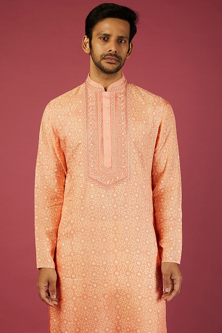 Peach Tussar Block Printed & Embroidered Kurta Set by Krishna Mehta Men at Pernia's Pop Up Shop