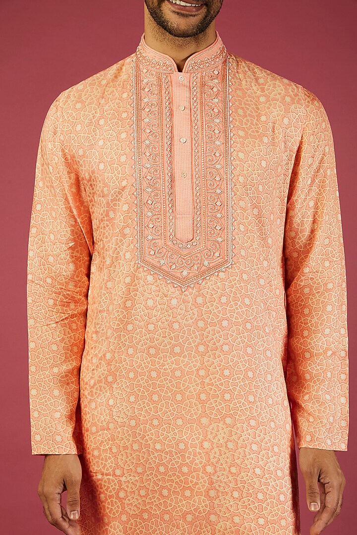 Peach Tussar Block Printed & Embroidered Kurta Set by Krishna Mehta Men at Pernia's Pop Up Shop