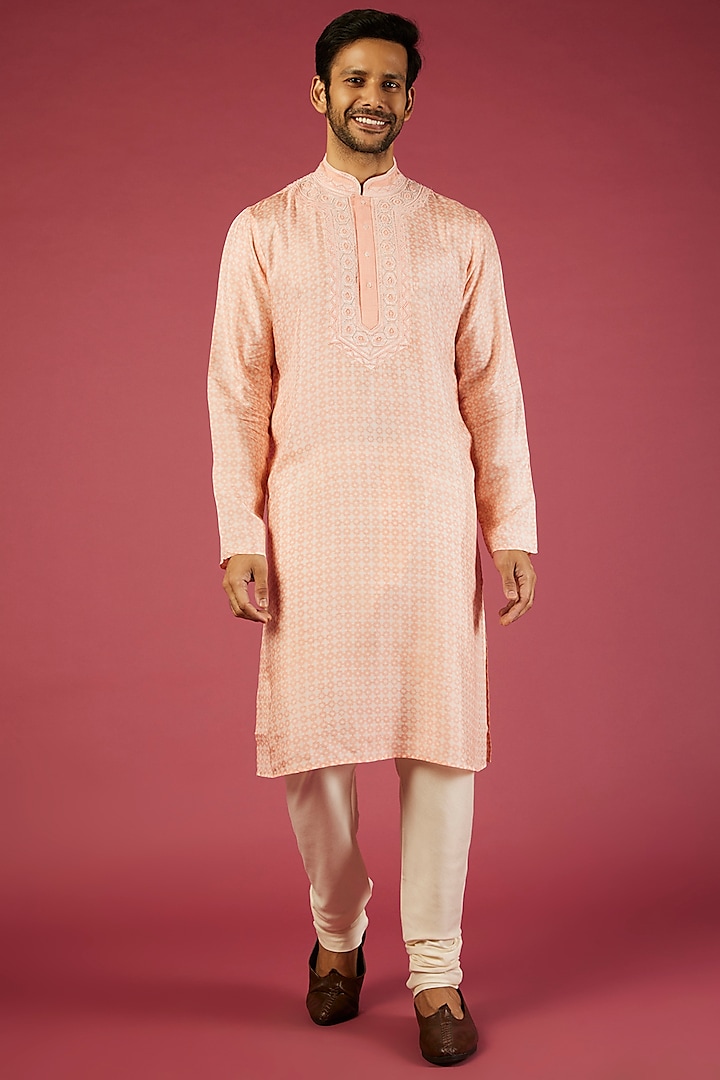 Peach Tussar Embroidered Kurta Set by Krishna Mehta Men at Pernia's Pop Up Shop