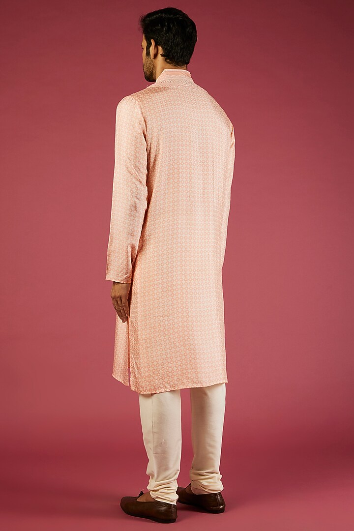Peach Tussar Printed & Embroidered Kurta Set by Krishna Mehta Men at Pernia's Pop Up Shop