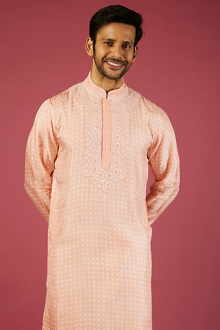 Peach Tussar Printed & Embroidered Kurta Set by Krishna Mehta Men at Pernia's Pop Up Shop