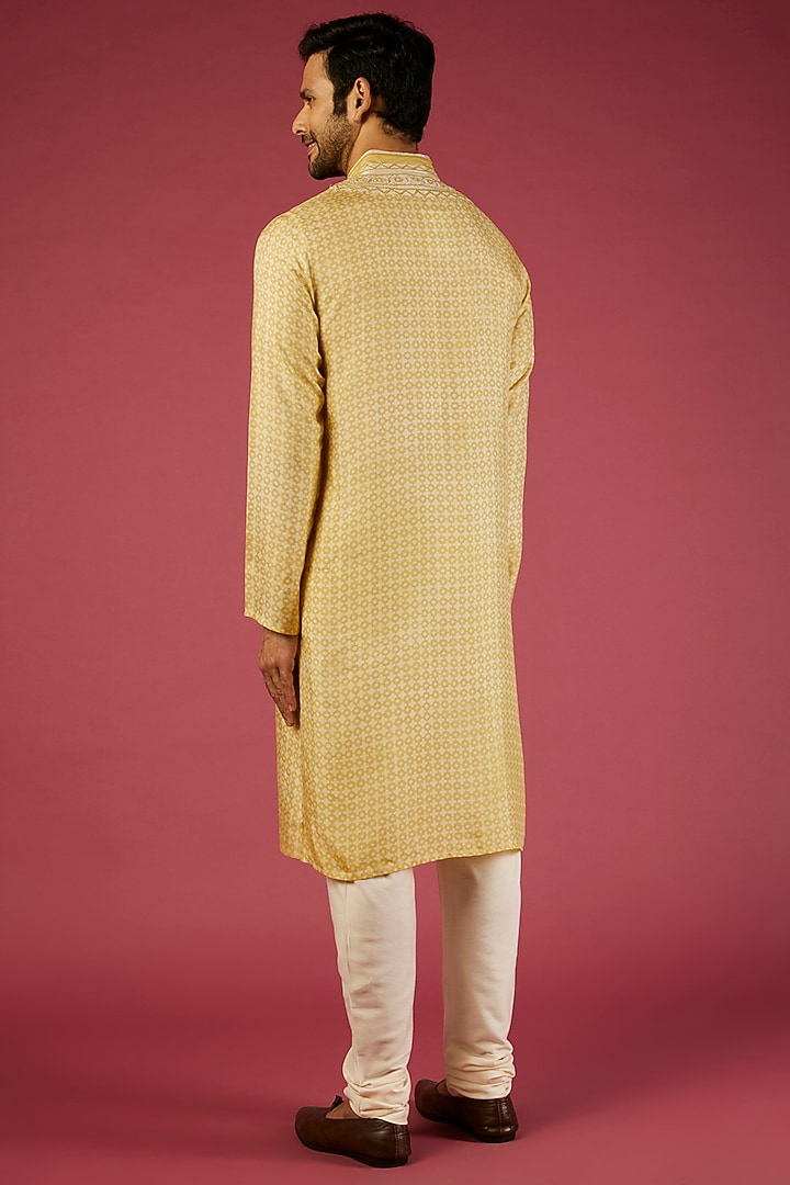 Yellow Tussar Patch Work & Printed Kurta Set by Krishna Mehta Men at Pernia's Pop Up Shop