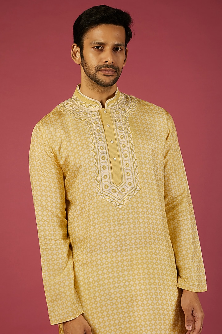 Yellow Tussar Patch Work & Printed Kurta Set by Krishna Mehta Men at Pernia's Pop Up Shop