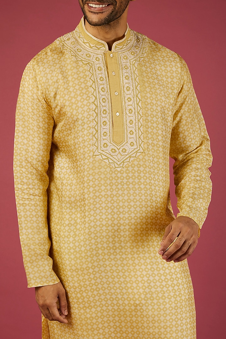 Yellow Tussar Patch Work & Printed Kurta Set by Krishna Mehta Men at Pernia's Pop Up Shop