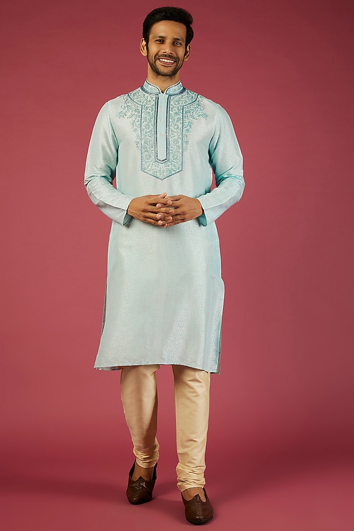 Sky Blue Embroidered Kurta Set by Krishna Mehta Men at Pernia's Pop Up Shop