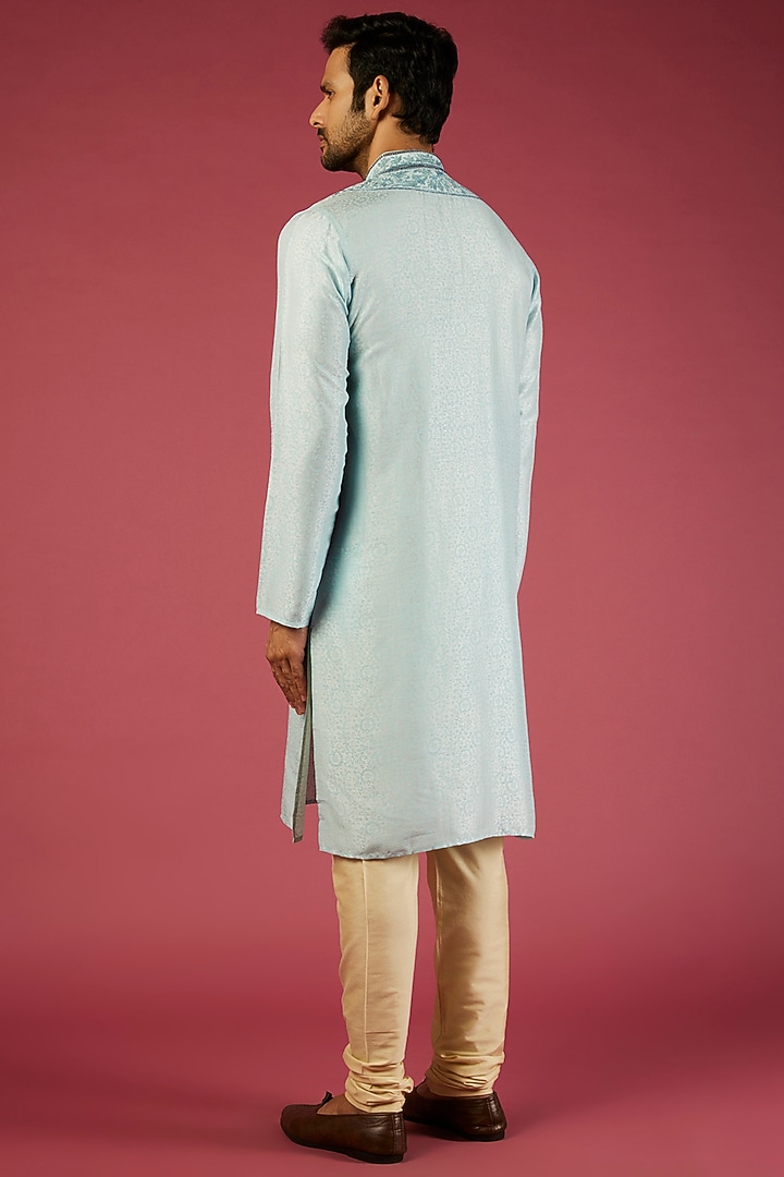 Sky Blue Tussar Floral Embroidered Kurta Set by Krishna Mehta Men at Pernia's Pop Up Shop