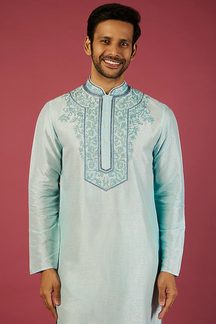 Sky Blue Tussar Floral Embroidered Kurta Set by Krishna Mehta Men at Pernia's Pop Up Shop
