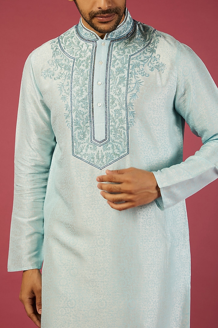 Sky Blue Tussar Floral Embroidered Kurta Set by Krishna Mehta Men at Pernia's Pop Up Shop