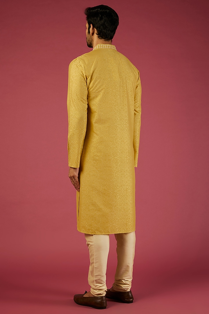 Yellow Tussar Printed & Embroidered Kurta Set by Krishna Mehta Men at Pernia's Pop Up Shop
